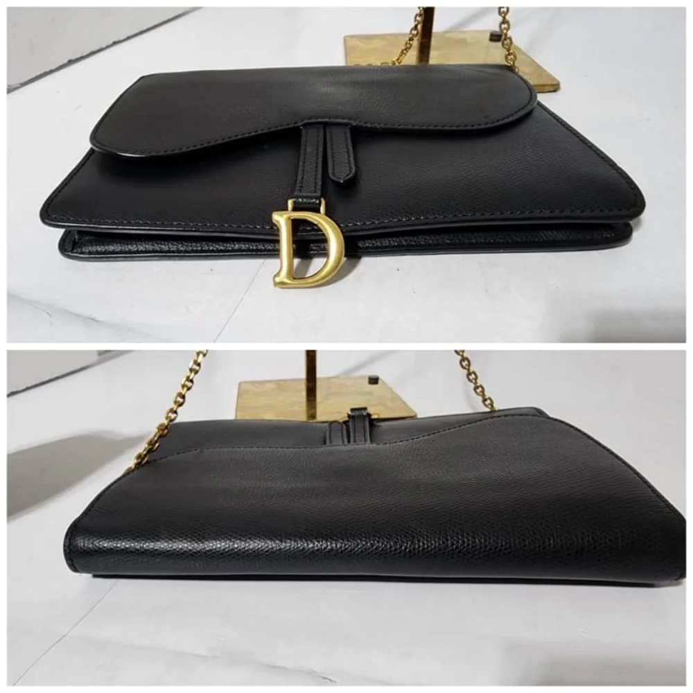 Authentic CHRISTIAN DIOR Grained Calfskin Wallet on Chain Black